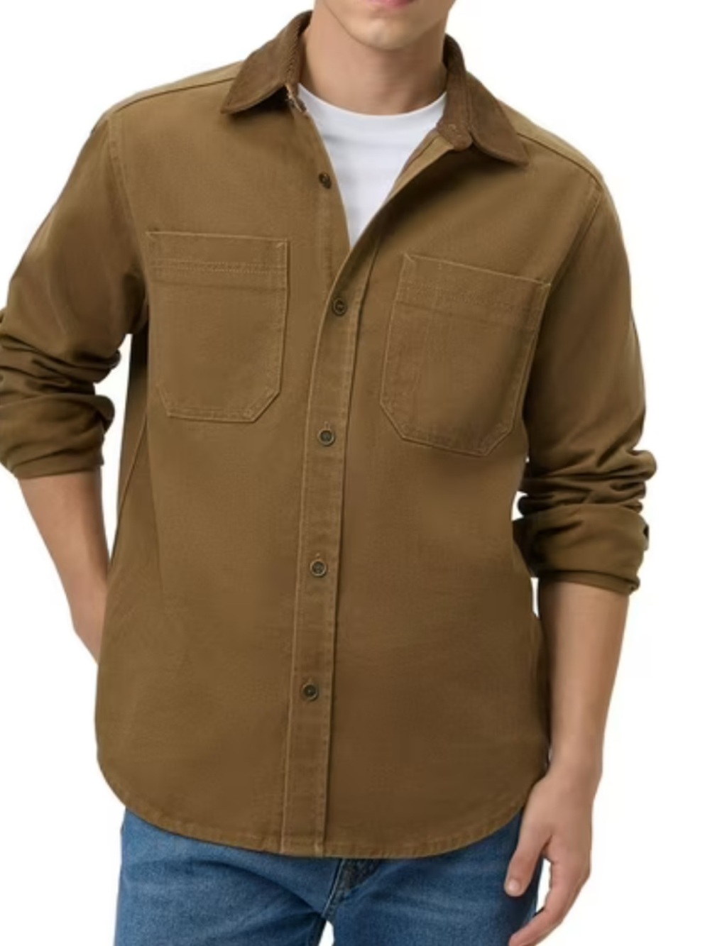 FRYE Men's Brown Button-Down Work Shirt with Dark Corduroy Collar